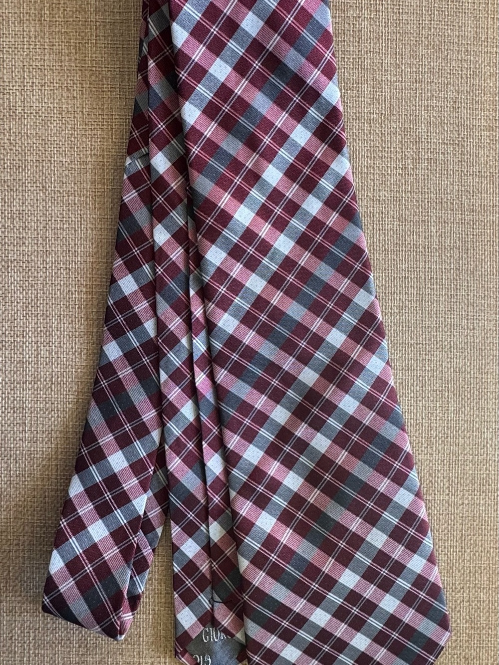 Vintage Giorgio Armani Silk Tie Burgundy Red Gray Plaid Tartan Check Italy